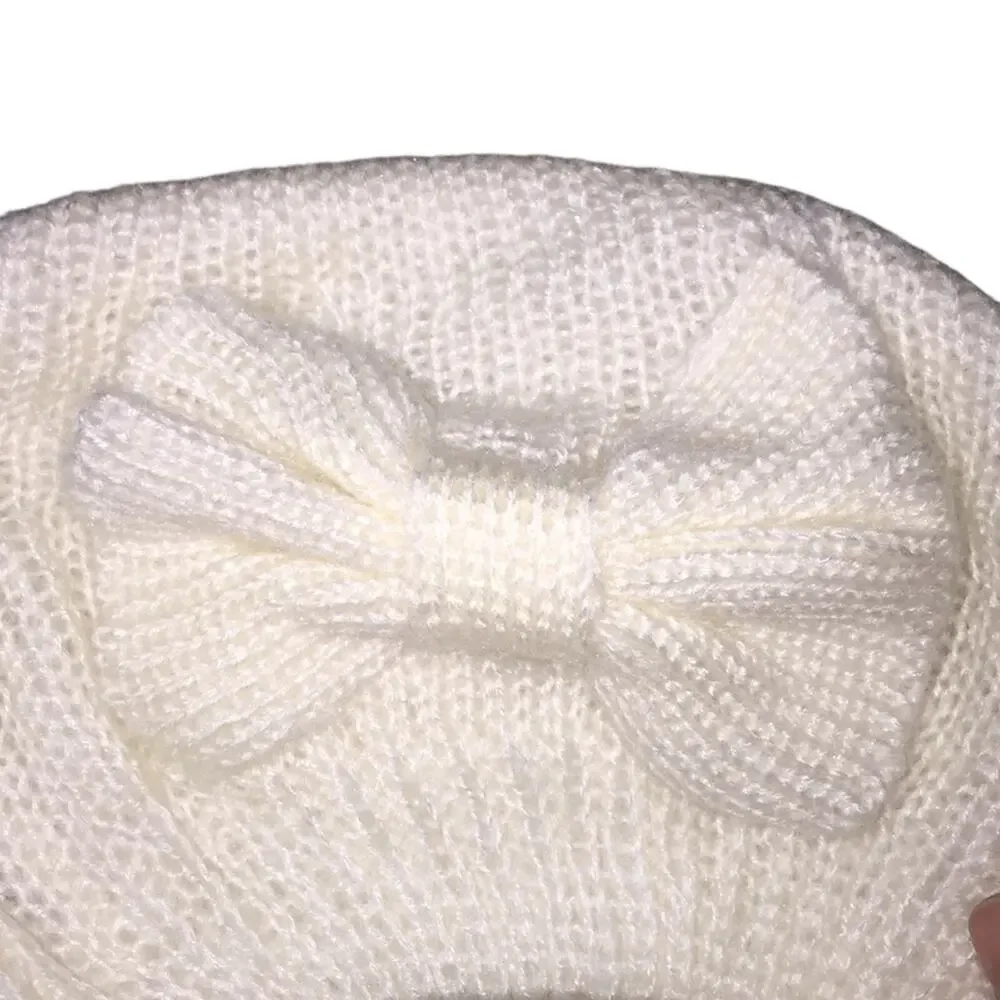 White Knit Hat with Bow